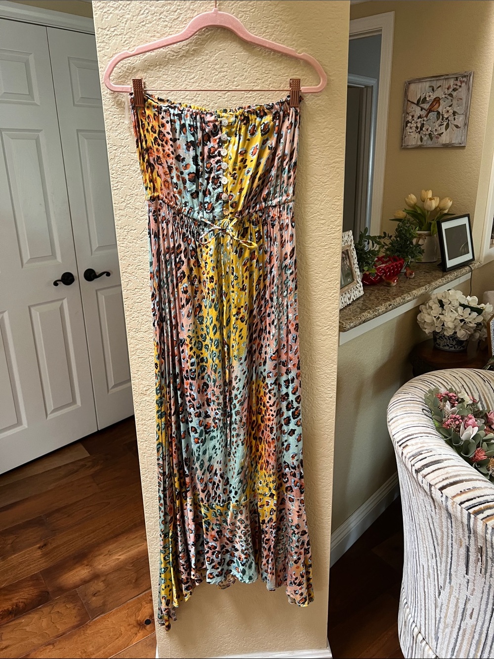 Multicolor Animal Print Strapless Midi Skirt handkerchief hem, drawstring waist